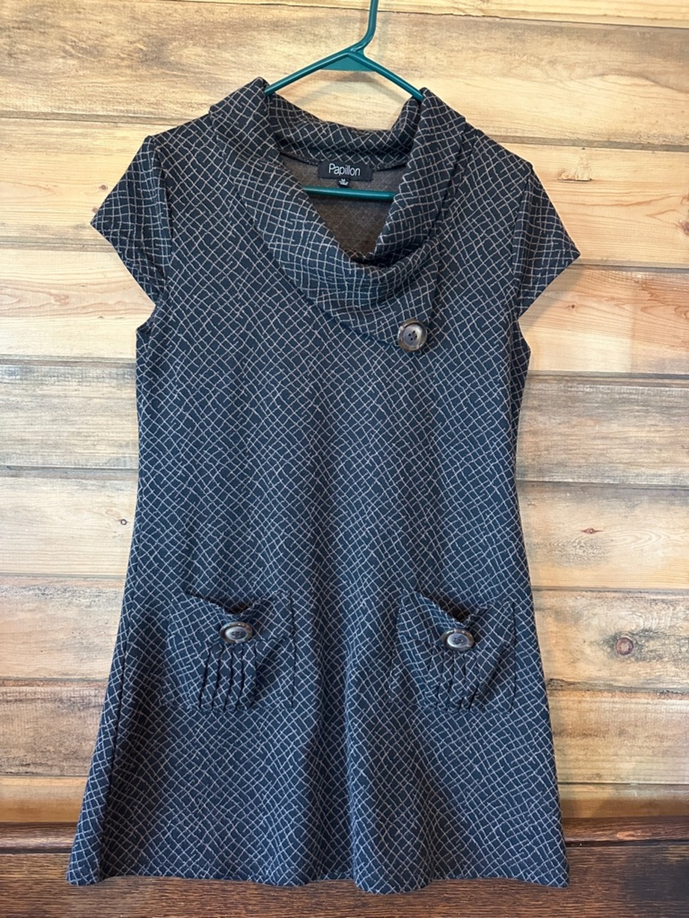 Papillon Blanc Black & White Cowl-Neck Mini Dress with Pocket Flaps